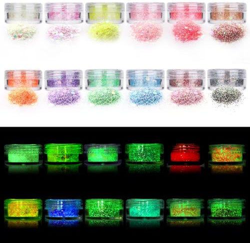 Fluoreszierender Glitzer, 12 Farben, Festivalglitzer, Körperglitzer, für Nagelkunst und Körper, Gesicht, Haare, Bekleidungsdekoration, weibliches Glitzer, Make-up, Pailletten und Festivalzubehör