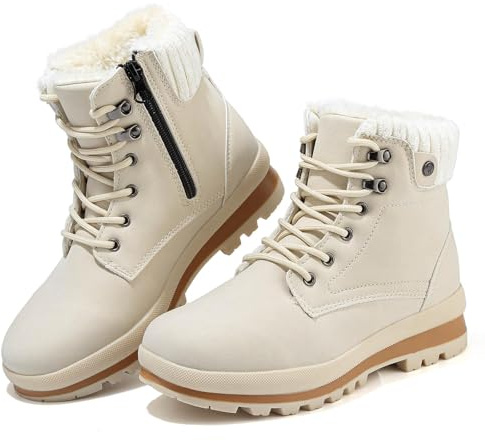 Hanani Women's Winter Snow Boots Ankle Waterproof Fur Lined Leather Walking Boots Lace Up Zipper Lightweight Outdoor Ladies Warm Shoes Non Slip Mid Calf Boots