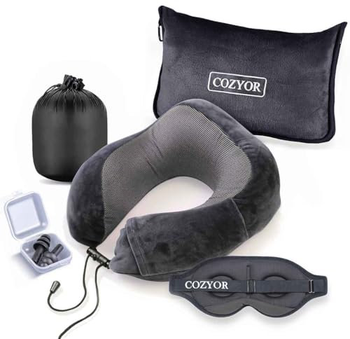 Cozyor Reiseset 4-teilig: Nackenkissen + Schlafmaske + Reisekissen & Reisedecke 2 in 1 + Ohrstöpsel, für Kinder & Erwachsene