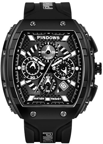 PINDOWS Uhren für Herren, wasserdichte Chronographenuhr, großes Zifferblatt, Elegante Quarz-Armbanduhr mit Kalender, leuchtenden Zeigern und robustem Silikonband