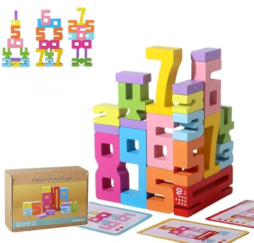 BOSENIYU Hölzerne Nummer Bauklötze, Balance Montessori Ziffer Zahl Blöcke Freunde. (20Pcs)