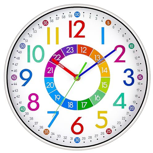 Jubaopen Orologio da Parete per Bambini, Orologio da Parete Educativo Silenzioso Multicolore, Analogico per Bambini, per Imparare l'ora, Orologio da Parete per Cameretta dei Bambini, per Ragazze e Rag