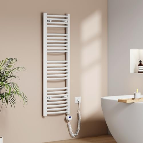 EMKE Sèche-Serviettes électrique avec Thermostat, 1200x 400 mm, radiateur de Salle de Bain courbé électrique, Chauffe-Serviettes, Porte-Serviettes électrique, Blanc, 500W