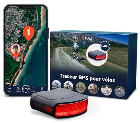 Tracker GPS PAJ Feu arrière vélo - Localisation 4G en Temps réel avec Alerte de Chute, Historique des trajets, Alarme vélo GPS pour vélos/VTTAE, étanche, 20 Jours d’autonomie