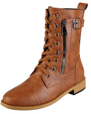 Bottes orthopédiques en cuir à bout rond et fermeture éclair latérale pour femme, bottes de combat imperméables à enfiler à mi-mollet, talon bas, marron, 39 EU