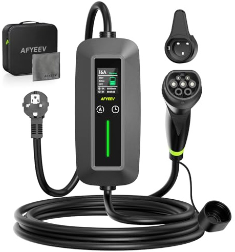 AFYEEV Cable de Carga Schuko Tipo 2, 10 m, 3,68 kW, 6-16 A, Coche eléctrico Tipo 2, Schuko, Cargador portátil para Coche eléctrico