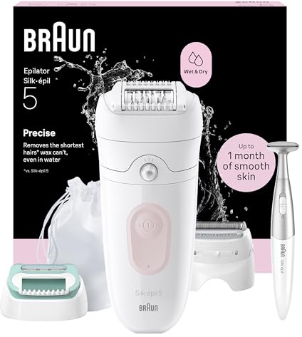 Braun Epilateur Electrique Femme Silk Epil 5, 5-251, Blanc et Rose – Etanche, sans Fil, Rouleau de Massage, Coffret Epilation avec Tondeuse Intime, Tête de Rasage, Embout pour Débuter