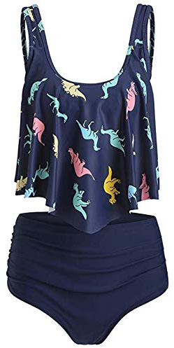 JMSUN Tankini da donna set 2 pezzi motivo dinosauro controllo pancia balze a vita alta, Blu mare, L