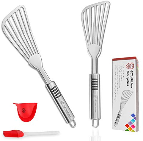 Premium Fish Spatula - Rust-Resistant Stainless Steel, Non-Slip Handle, Ideal for Grilling, Frying, Turning and Flipping Fish, Meat, Eggs, and More - Ergonomic Design for Perfect Results - Set of 2