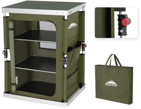 EAGLE PEAK Outdoor Folding Camping Table with Large 3-Tier Storage Organizer and Side Pockets, Easy Set Up Portable Aluminum Camping Kitchen, Green