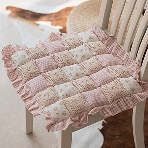 vctops Lace Patchwork Chair Pad Cushion with Ties, Elegant Ruffle Edge Decorative Cushions Farmhouse Floral Pattern Square Seat Cushion for Kitchen Dining Room Office (Type A,16x16)