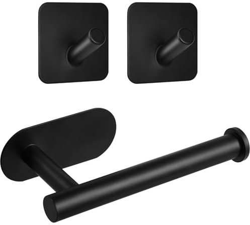 3 Piezas Soporte Portarrollos Papel Higienico Adhesivo, Portarollos Papel Higienico de Acero Inoxidable, Accesorios Baño Negro, Toalleros de Baño sin Taladro para Aseo Cocina, Cuarto de Baño