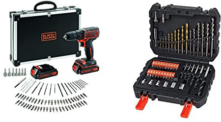BLACK+DECKER Perceuse Visseuse Sans Fil 18 V Li-Ion avec Chargeur - Inclus 80 Accessoires et 2 Batteries 1,5 Ah & Coffret de Perçage et Vissage (50 pièces, Forets à Métal en Titane 1,5-6 mm), Noir