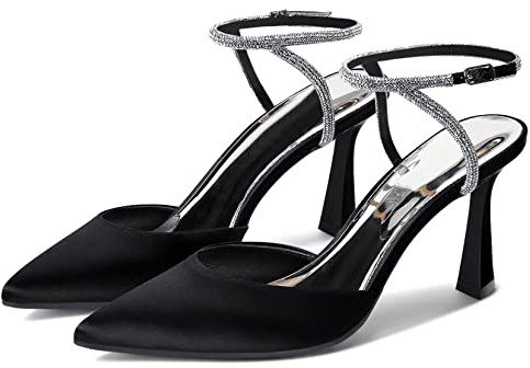 Coutgo Women Rhinestone Heels Kitten High Satin Pumps Pointed Toe Sparkly Sexy Wedding Dress Shoes Black