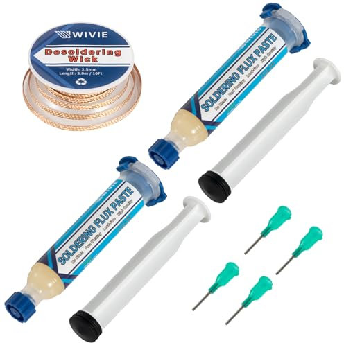 WIVIE Lot de 2 paquets de flux de pâte à souder sans plomb et 2,5 mm - Pas de nettoyage nécessaire - Tresse à dessouder de 3 m - Fil à dessouder en cuivre pur pour enlever la soudure (1 pièce)