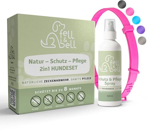 fell&bell Zeckenhalsband Mit 60 ml Kokos-Pflegespray – Natürliche Öle Gegen Ungeziefer – Hunde Halsband In 5 Farben – Bis 8 Monate Schutz – Flohhalsband - Wasserfest – Für Alle Hunde (Pink)