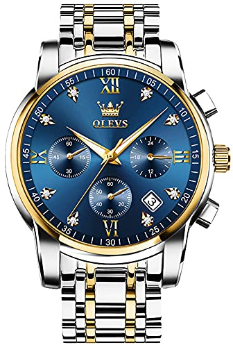 OLEVS Men's Watches, Stainless Steel Analogue Quartz Watch, Multifunctional Diamonds Men's Watches, Classic Luxury Dress Men's Watch, A2 Blue Dial/Silver Gold Bracelet, standardmäßig, Bracelet