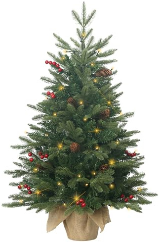 3ft Pre-Lit Mini Christmas Tree,Artificial Xmas Tree with 185 PE & PVC Mixed Branch Tips & 12 Red Berries & 10 Pinecone & 70 LED String Lights & Burlap Wrapped Base for Tabletop Desk,Battery Operated