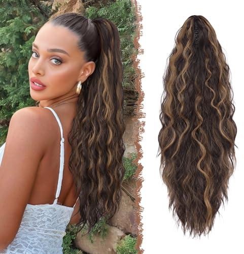 FESHFEN Coleta Postiza Pelo Natural con Pinza Cola Postiza Largo Ondulado Rizado Rubio Fresco Resaltado Marrón Sintética Extensiones Coleta Postizos para Mujeres, 65 cm