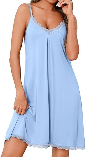 Uniexcosm Women's Nightdresses Sleeveless Soft Cotton | Cotton Ladies Negligees V Neck Lace Chemise Sexy Spaghetti Strap Nighties Nightgown Nightshirt Nightwear Sleepwear Loose Fit