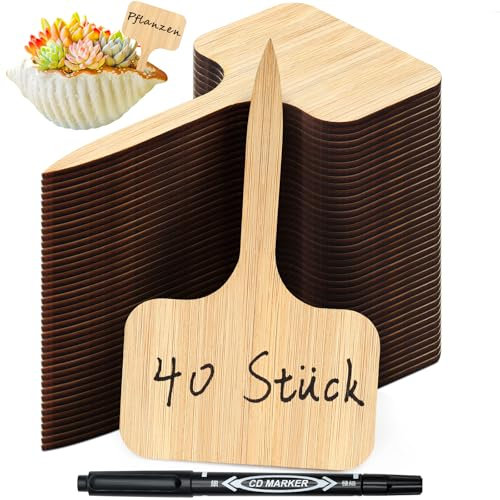 Gucass Lot de 40 étiquettes pour plantes en bambou avec marqueur, résistantes aux intempéries, étiquettes pour plantes, légumes, herbes, fleurs