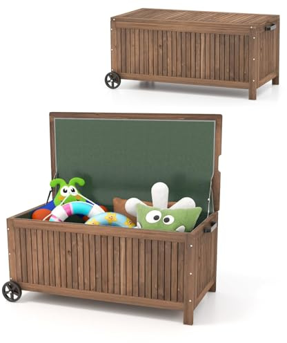 GOPLUS Coffre de Jardin Exterieur 213 L en Bois de Sapin, Boîte de Rangement Extérieur avec Doublure PE Imperméable Amovible, Roues, Poignée,Conteneur pour Balcon Charge 50KG,114x58,5x51CM