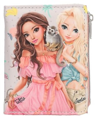 Depesche 13328 TOPModel Juicy - Portemonnaie in Creme und Rosa, mit Model Motiv, Äffchen und buntem Muster, Geldbörse mit Druckknopf-Verschluss