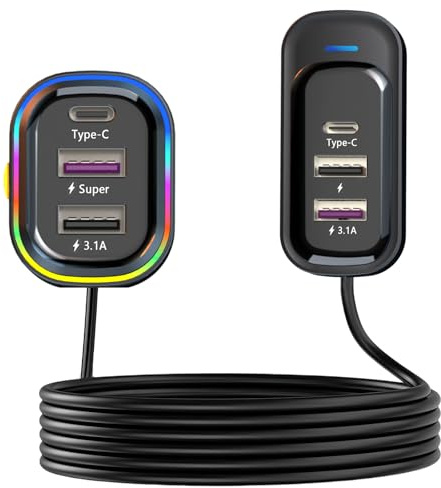 USB C Car Charger, 81W Multiport 6-Port PD & QC3.0 Fast Charger for Multiple Devices, Cigarette Lighter Adapter Car Travel Essentials with 5FT Cable, Compatible with iPhone 15/16/17, Pad, Galaxy S24