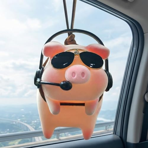 Pendentif pour Rétroviseur de Voiture DJ Cochon, Décoration Voiture Mignonne pour Rétroviseur, Rétroviseur Ornements Accessoires Cadeau Anniversaire Décor pour Intérieur Auto, Maison (Porc-B)