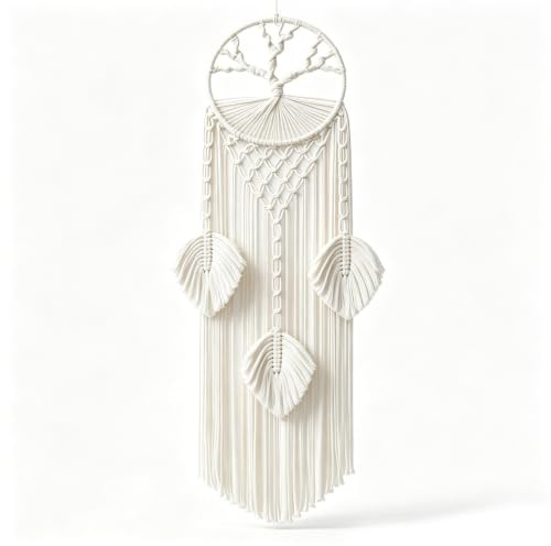 Livets träd drömfångare, makramé boho vägghängning, handgjord Dreamcatcher bomull med fjädrar tofsar, boho väggdekoration sovrum vardagsrum bröllop barnrum gåva dekoration beige