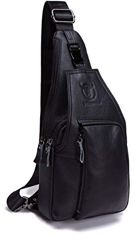 BULLCAPTAIN QUEAMBLER Bolso Hombres de Pecho Bolsa Bandolera, Mochila de Cuero Autentico Bolsos de mochila Mochila Messenger Bag Daypack para el negocio Casual Sport Hiking Travel Negro