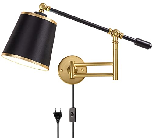 Retro Wandlampe Verstellbar Metall Schwenkarm Wandleuchte Mit Schalter und Stecker, Schlafzimmer Nachttischlampe Wand-Leselampe, E27 Wandleuchtung Mit Kabel, Stoff Schirm, Für Wohnzimmer Flur Büro
