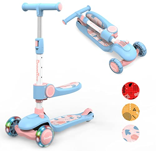 BremToy Kinderroller mit Sitz, Kinder Roller mit Stufenlos Verstellbarer Lenker, Tretroller mit LED Rädern, Faltbarer Kinder Roller für Kinder 1–8 Jahren, Rosa