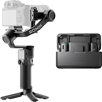 DJI RS 3 Mini + Mic (2 TX + 1 RX + boîtier Recharge), Stab. 3 Axes, Poids recommandé pour Charge utile de 2 kg, Prise de Vue Verticale Native, Micro lavallière sans Fil avec portée de 250 m