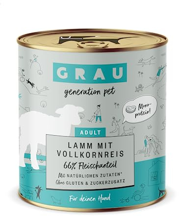 GRAU Våtfoder med lamm och fullkornsris för vuxna hundar, monoprotein, glutenfritt, originalprodukt, 6-pack (6 x 800 g)