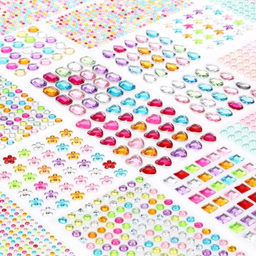 CraftWerk Självhäftande glitterstenar, 1,782 stycken – färgglada strasstenar för kreativa projekt, scrapbooking, gör-det-själv – pysseltillbehör i olika former och storlekar