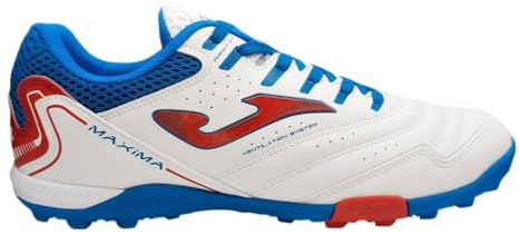 Joma Botas de fútbol Turf, 6.5-12.5 US - Tacos Profesionales - Parte Superior de Microfibra, Suela cromada, Refuerzo en el talón - Cancha, Blanco/Rojo/Azul, 42 EU
