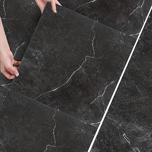 Fogmiea PVC Bodenbelag Selbstklebend Vinylboden Quadratisch vinyl bodenbelag selbstklebend rutschfest, wasserfest, schwer entflammbar 5 m²/55 Fliesen, Schwarz Marmor