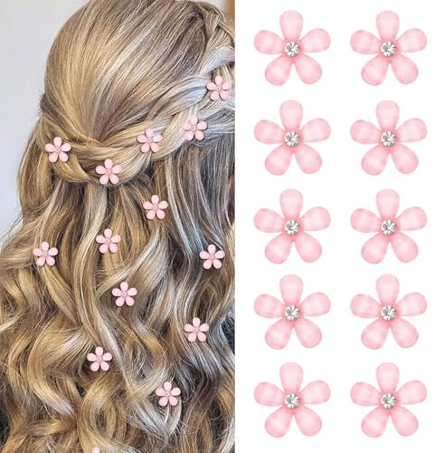 Mezrkuwr Lot de 10 mini pinces à cheveux en forme de fleur rose avec strass - Pinces à cheveux décoratives pour mariage