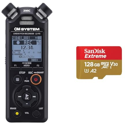 OM SYSTEM LS-P5 Hi-Res Audiorekorder mit TRESMIC II 3-Mikrofonsystem & SanDisk Extreme microSDXC UHS-I Speicherkarte 128 GB + Adapter