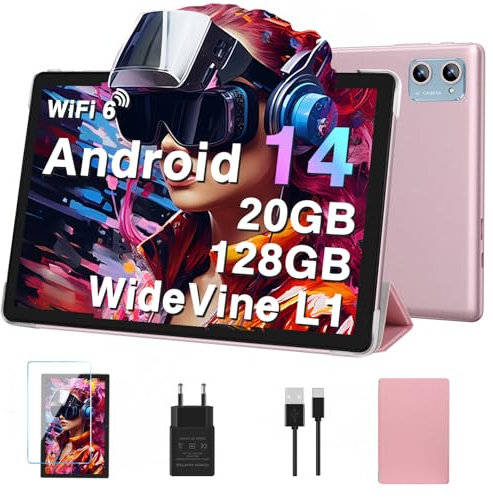Tablet Android 15 Tablets 10 Pulgadas con Gemini AI, 64GB+2TB TF, 5G Wi-Fi, Octa-Core 2.0GHz, Widevine L1, 8+5MP, GMS, 6000mAh, Facial ID,GPS,BT5.0, 2 en 1 Tablet con Teclado,Ratón y Funda - Oro Rosa