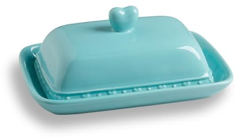 Sweejar Home Beurrier en céramique recouvert avec couvercle, grand beurrier de conception britannique pour comptoir, décoration de cuisine, réfrigérateur et stockage du beurre (turquoise)