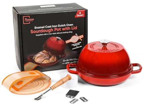 Forno olandese in ghisa smaltata da 6 QT, per cottura del pane a lievitazione naturale, forno olandese per forno, casseruole e altro ancora, include 5 lame per pane e fionda in silicone antiaderente,