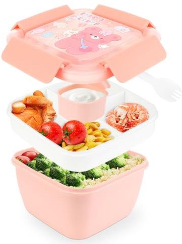 Farerkass Brotdose Kinder mit Fächern, 1100ml Lunchbox Auslaufsicher Erwachsene, 3 Fächer Salatbehälter, Bento box, Jausenbox mit Besteck und Salatdressingbox für Schule, Picknick, Büro (Rosa)