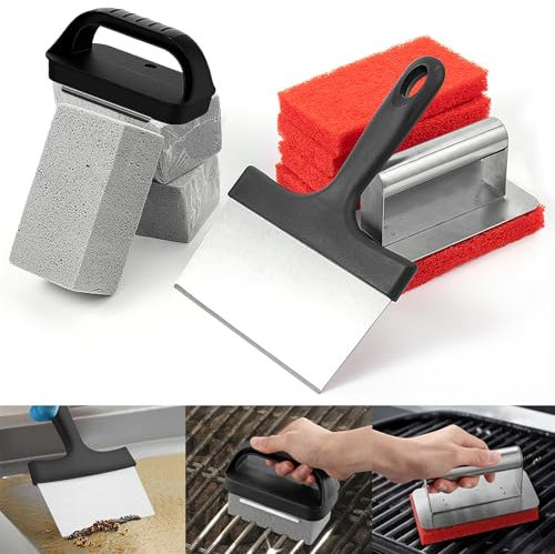 Juego de 10 herramientas de limpieza para barbacoa, kit de limpieza de parrilla para Blackstone, kit de limpieza de parrilla de parte superior plana con piedra de parrilla, raspador de plancha y