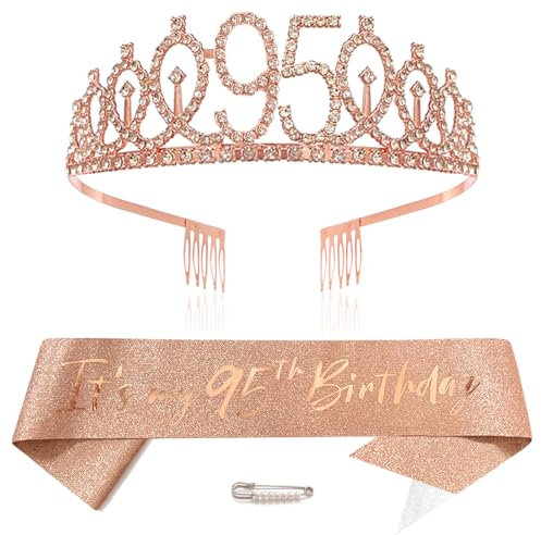 Or Rose 95th Anniversaire Couronne et Écharpe Fille 95e Anniversaire Décoration Strass Anniversaire Tiare Princesse Couronne Queen Tiara Anniversaire Écharpe Filles 95 Anniversaire Décoration Fête
