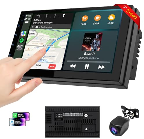 7 tum trådlös Android-bilskärm Apple CarPlay-skärm, 2 GB + 64 GB Android 13.0 bilstereo med GPS-navigering, Bluetooth-bilstereor, kapacitiv pekskärm, RDS/FM-radio, 720P omvänd kamera, 2 DIN