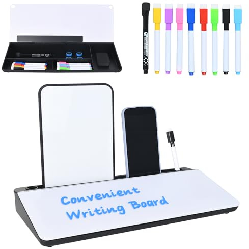 Hivexagon Pizarra blanca de escritorio con 4 compartimentos y ranura para teléfono o tableta, incluye mini pizarra magnética adicional y accesorios