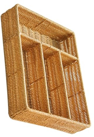 TIDTALEO Bandeja Organizadora De Cubiertos y Llaves 34x26x7 Cm De Imitación Mimbre Café Claro Separadores, Organizador De Utensilios Cocina Portátil Para Escritorio y Cajones, 4 Compartimentos