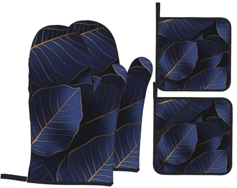 4 Pcs Gold Gloss Outline Navy Dark Blue Oven Mitts and Potholders,Kitchen Oven Glove with Pot Holders,Non-Slip Gloves High Heat Resistant 500 Degree for BBQ, Grill, Baking, Cooking, Oven, Microwave